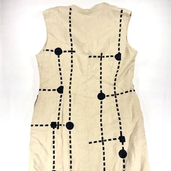 J Song Tan Linen Sleeveless Maxi Dress with Black Embroidery and Pockets, 12 - Picture 3 of 7